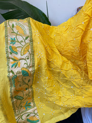 Yellow Handmade Bandhani Saree with Meenakari in Pure Georgette