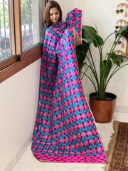 Blue, Pink Handmade Phulkari Dupatta in Cotton