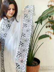White Kota Cotton Dupatta with Cut Work