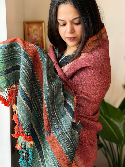Handwoven Bhujodi Shawl in Pure Tussar and Wool