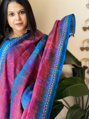 Blue, Pink Handmade Kantha Dupatta in Silk