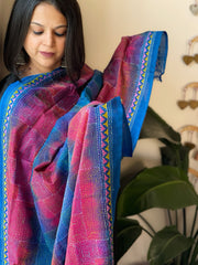 Blue, Pink Handmade Kantha Dupatta in Silk
