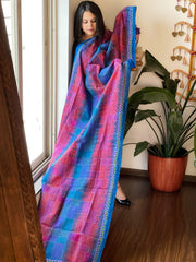 Blue, Pink Handmade Kantha Dupatta in Silk
