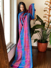 Blue, Pink Handmade Kantha Dupatta in Silk