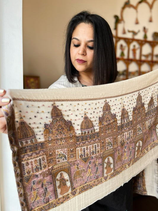 Cream Pashmina Stole with Shehnai Baraat Kaani Pallu