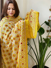 Yellow Handmade Sindhi Kadhai with Real Mirror Handwork Dupatta in Pure Silk