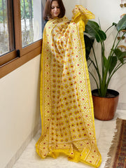 Yellow Handmade Sindhi Kadhai with Real Mirror Handwork Dupatta in Pure Silk