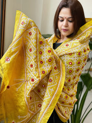Yellow Handmade Sindhi Kadhai with Real Mirror Handwork Dupatta in Pure Silk