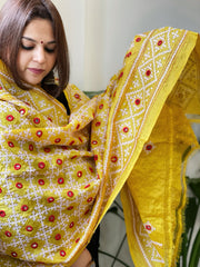 Yellow Handmade Sindhi Kadhai with Real Mirror Handwork Dupatta in Pure Silk