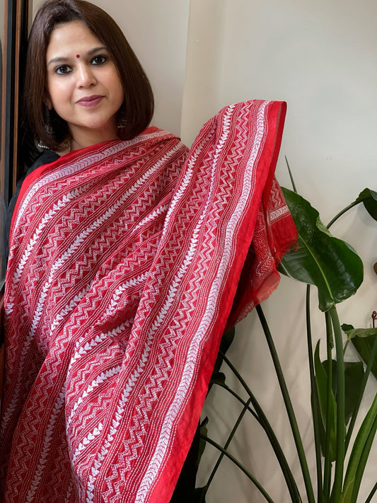 Red Handmade Kantha Dupatta in Silk