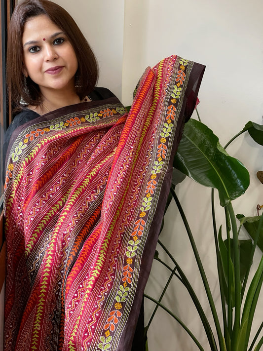 Red and Cola Brown Handmade Kantha Dupatta in Silk