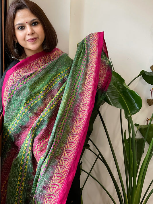 Pink and Green Handmade Kantha Dupatta in Silk