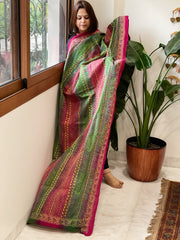 Pink and Green Handmade Kantha Dupatta in Silk