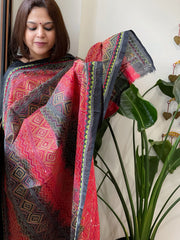 Red and Black Handmade Kantha Dupatta in Silk