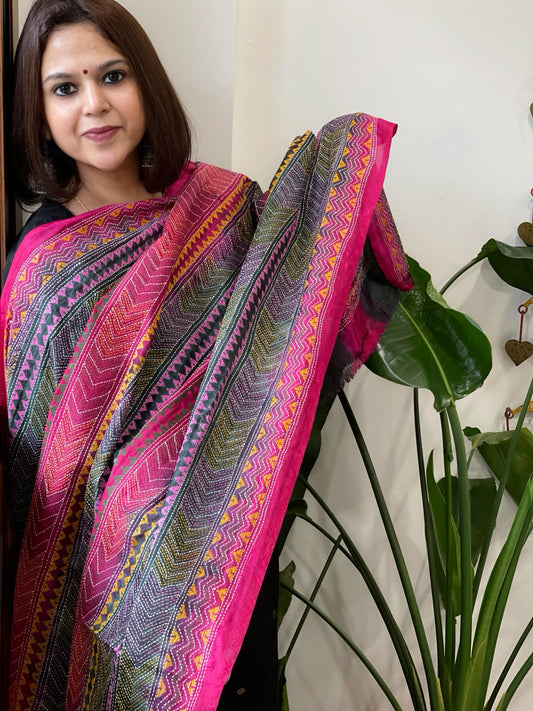Pink and Green Handmade Kantha Dupatta in Silk