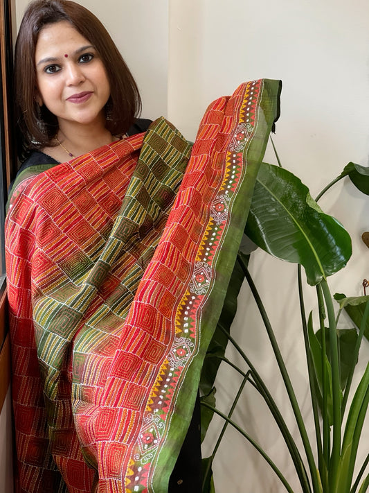 Green and Red Handmade Kantha Dupatta in Silk