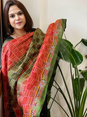 Green and Red Handmade Kantha Dupatta in Silk