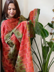 Green and Red Handmade Kantha Dupatta in Silk
