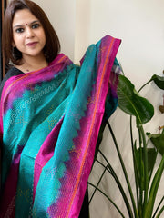 Blue and Pink Handmade Kantha Dupatta in Silk