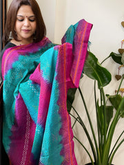 Blue and Pink Handmade Kantha Dupatta in Silk