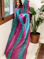 Blue and Pink Handmade Kantha Dupatta in Silk