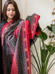 Red and Black Handmade Kantha Dupatta in Silk