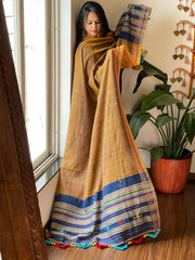 Mustard Handwoven Bhujodi Dupatta with Mirror & Thread Handwork in Cotton