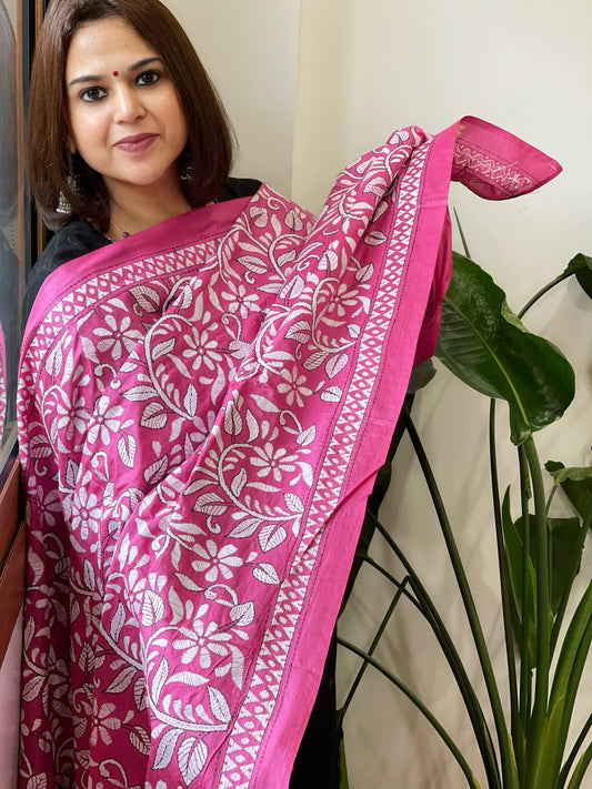 Pink Handmade Nakshi Kantha Dupatta in Pure Silk