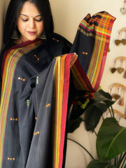 Black Handwoven Bhujodi Dupatta with Mirror & Thread Handwork in Cotton