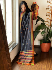 Black Handwoven Bhujodi Dupatta with Mirror & Thread Handwork in Cotton