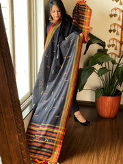 Black Handwoven Bhujodi Dupatta with Mirror & Thread Handwork in Cotton