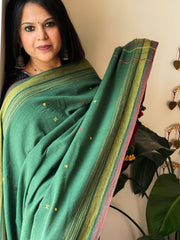 Green Handwoven Bhujodi Dupatta with Mirror & Thread Handwork in Cotton