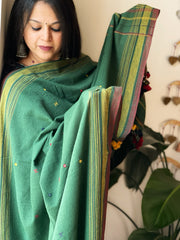 Green Handwoven Bhujodi Dupatta with Mirror & Thread Handwork in Cotton