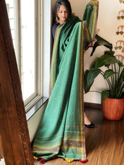 Green Handwoven Bhujodi Dupatta with Mirror & Thread Handwork in Cotton