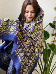 Blue Handmade Nakshi Kantha Dupatta in Pure Silk