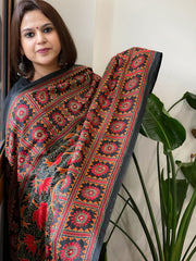 Black Handmade Nakshi Kantha Dupatta in Pure Silk