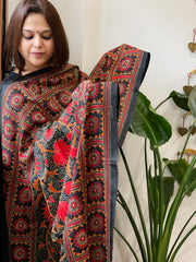 Black Handmade Nakshi Kantha Dupatta in Pure Silk