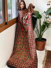 Black Handmade Nakshi Kantha Dupatta in Pure Silk