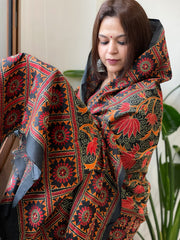 Black Handmade Nakshi Kantha Dupatta in Pure Silk