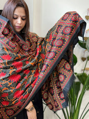 Black Handmade Nakshi Kantha Dupatta in Pure Silk