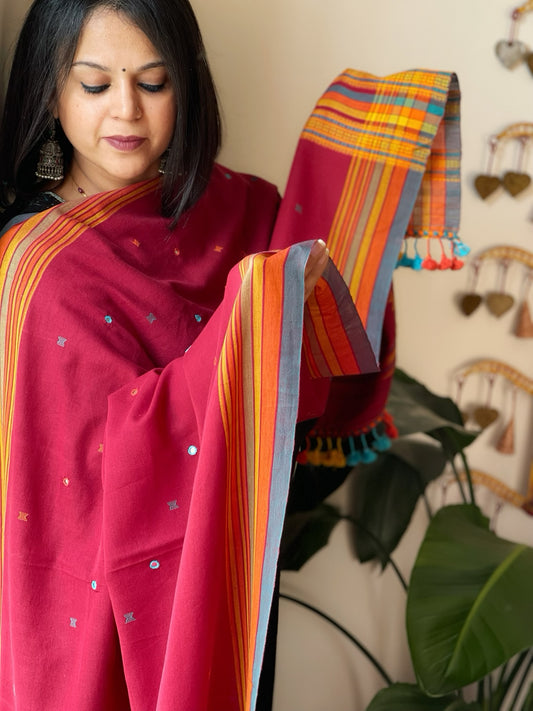 Pinkish Red Handwoven Bhujodi Dupatta with Mirror & Thread Handwork in Cotton