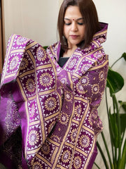 Orchid Purple Handmade Nakshi Kantha Dupatta in Pure Silk