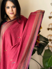 Maroon Handwoven Bhujodi Dupatta with Mirror & Thread Handwork in Cotton