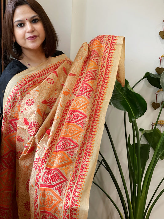 Beige Handmade Nakshi Kantha Dupatta in Pure Silk
