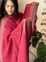 Maroon Handwoven Bhujodi Dupatta with Mirror & Thread Handwork in Cotton
