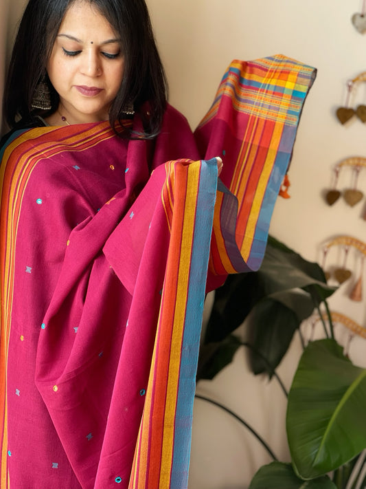 Maroon Handwoven Bhujodi Dupatta with Mirror & Thread Handwork in Cotton