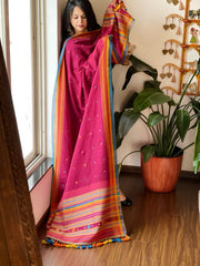 Maroon Handwoven Bhujodi Dupatta with Mirror & Thread Handwork in Cotton