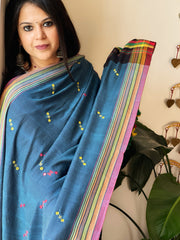 Teal Handwoven Bhujodi Dupatta with Mirror & Thread Handwork in Cotton