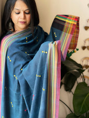 Teal Handwoven Bhujodi Dupatta with Mirror & Thread Handwork in Cotton