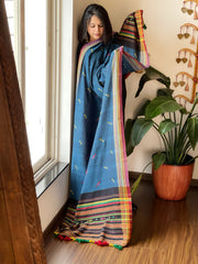 Teal Handwoven Bhujodi Dupatta with Mirror & Thread Handwork in Cotton
